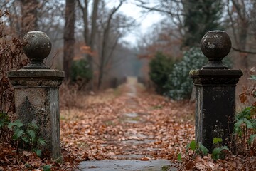 Fototapeta premium Aged stone pillars autumnal pathway forest