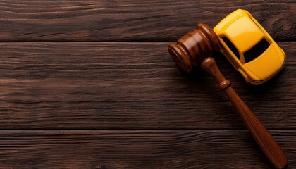 A gavel beside a toy car symbolizes law, justice, and automotive regulations.