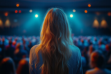 Confident businesswoman giving a motivational speech on stage, spotlight effect, large audience blurred in background.
