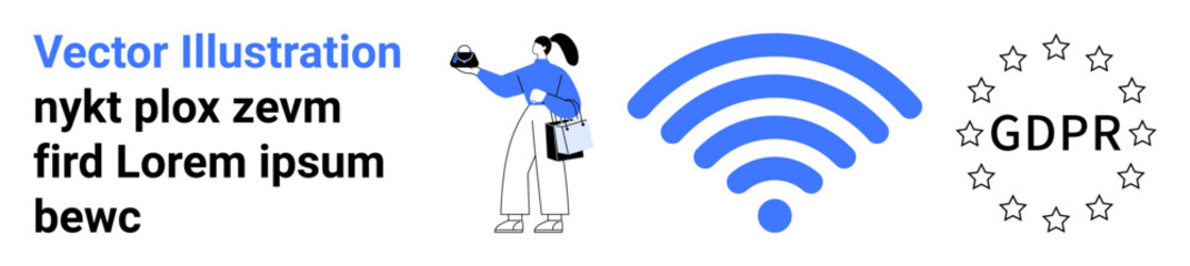 Woman holding a phone, GDPR compliance stars, and a large wireless symbol convey data security and connectivity. Ideal for privacy, cybersecurity, compliance, internet, remote work, technology flat