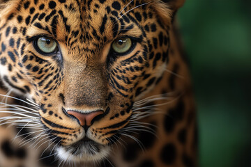 Obraz premium Majestic leopard showcases striking features in a lush green habitat during daylight hours