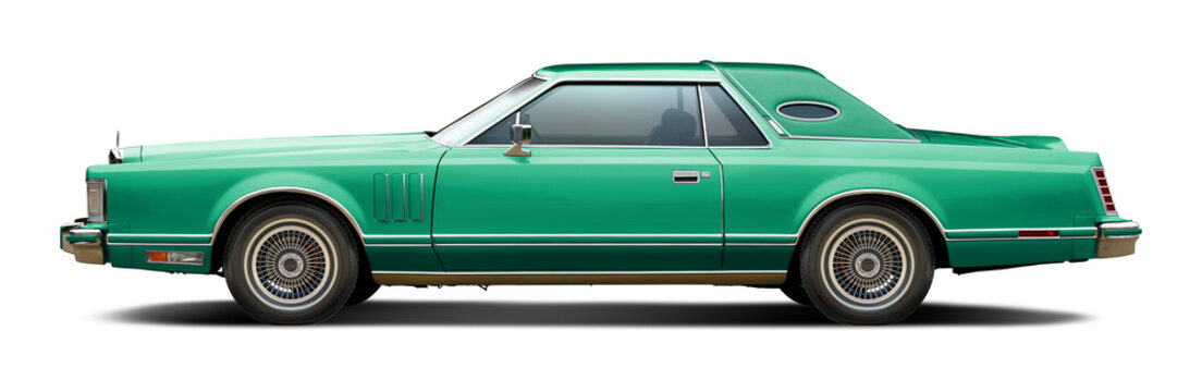 Classic American luxury car in blue green. With a coupe body and a soft top in blue green. In png format on a transparent background.