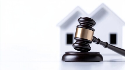 Fototapeta premium A gavel symbolizing justice, with a house model in the background, representing real estate.