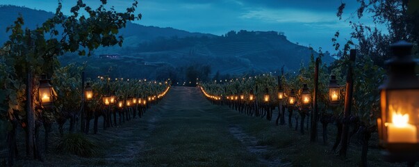 Illuminated vineyard row at dusk with glowing lanterns on vines in scenic hilly landscape
