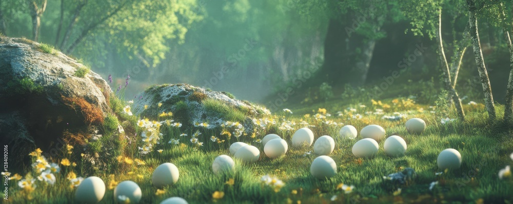 Poster serene forest scene with droplets on grass and sunlight filtering through trees
