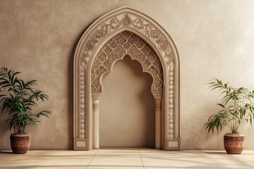 An Intricate Carved Archway Featuring Decorative Ornamentation and Plants
