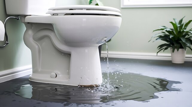 Toilet overflows with water flooding bathroom floor. Water splashes from overflowing toilet bowl. Plumbing leak creates water damage. Homeowner faces emergency repair issue. Pro plumber needed for