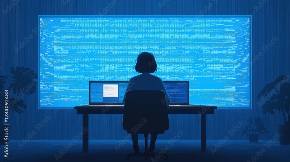 Poster woman working late at night with computer and data visualization