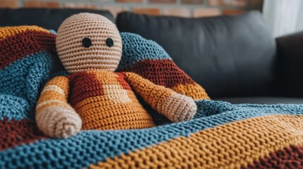 A cozy crochet doll wrapped in a colorful blanket sits on a couch, creating a warm and inviting atmosphere.