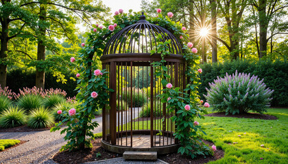 Obraz premium Screensaver of climbing roses around a birdcage in a garden nook, beauty