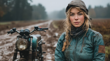 Fototapeta premium Fearless female motorcyclist embraces adventure on a powerful custom bike in a rugged, muddy landscape with wind tousling her hair