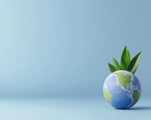 A globe illustration with green leaves representing a sustainable future and nature.