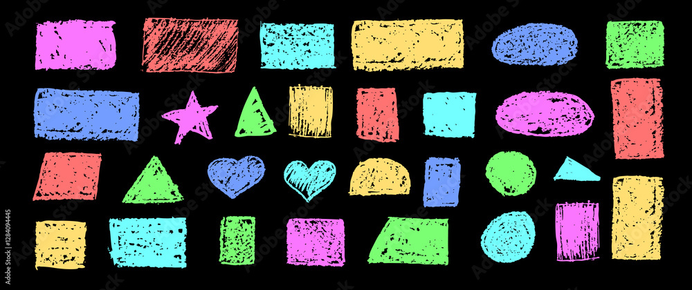 Poster set of abstract geometric basic shapes drawn with colored charcoal. hand drawn paint quote frame col