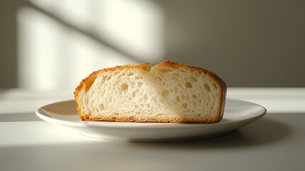 Close-up of a single slice of fresh bread on a white plate bathed in natural sunlight, soft shadows backdrop.