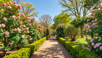 Fototapeta premium Vibrant garden path lined with climbing roses in late spring, beauty