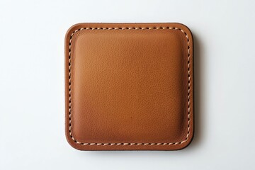 Brown Leather Square with Rounded Corners and White Seam Stitching Highlighting Textured Surface and Craftsmanship Detail in Leatherworking