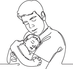 Adorable Line Drawing of Baby Sleeping on Father's Shoulder