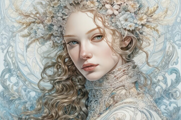 a girl with expressive eyes and long wavy hair decorated with flowers. 