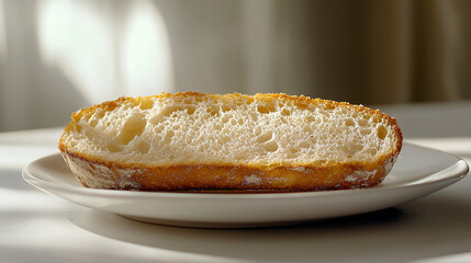 Slice of golden bread on a white plate, illuminated by soft sunlight, a fresh and appetizing sight.