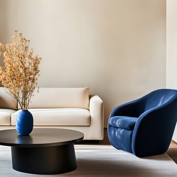 Modern living room with beige sofa, navy blue accent chair, and black coffee table. Ideal for interior design mockup and advertisement. Generative AI
