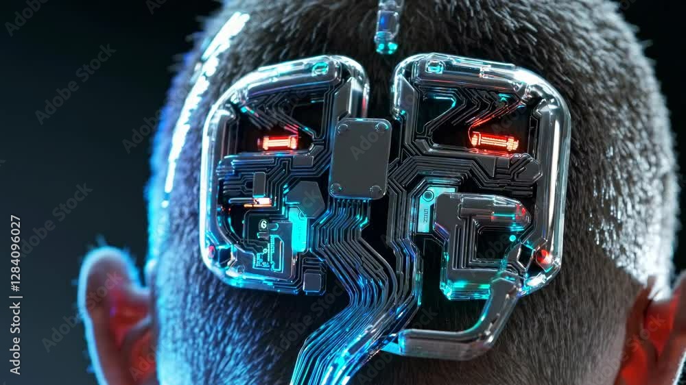 Poster cybernetic implant glows on head. futuristic neural interface with circuit patterns and neon lights