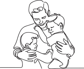 Heartwarming Line Drawing of Dad Hugging Children