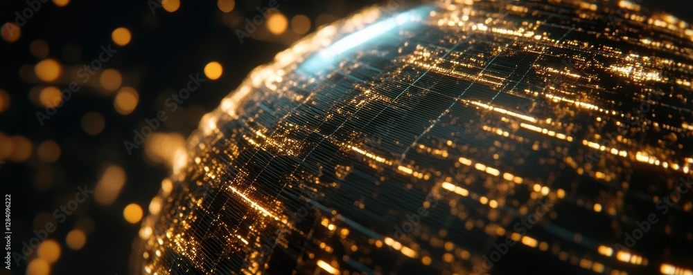 Poster glowing futuristic sphere with digital grid and light trails in dark space