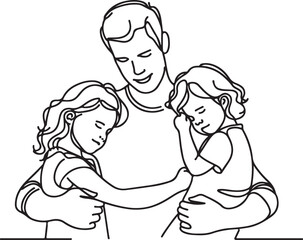 Heartwarming Line Drawing of Dad Hugging Children