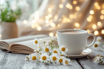Fototapeta premium Cozy coffee moment with flowers and an open book in a softly lit space enhancing relaxation and comfort
