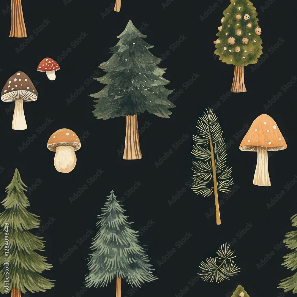 Poster dark forest seamless pattern with trees and mushrooms