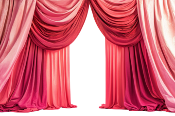 A bright and vibrant pink and red stage curtain with a sophisticated arch entrance, capturing the essence of a dramatic theater setting with rich textures and flowing fabric