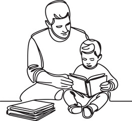 Heartwarming Line Drawing of Father Reading to Son