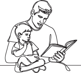 Heartwarming Line Drawing of Father Reading to Son
