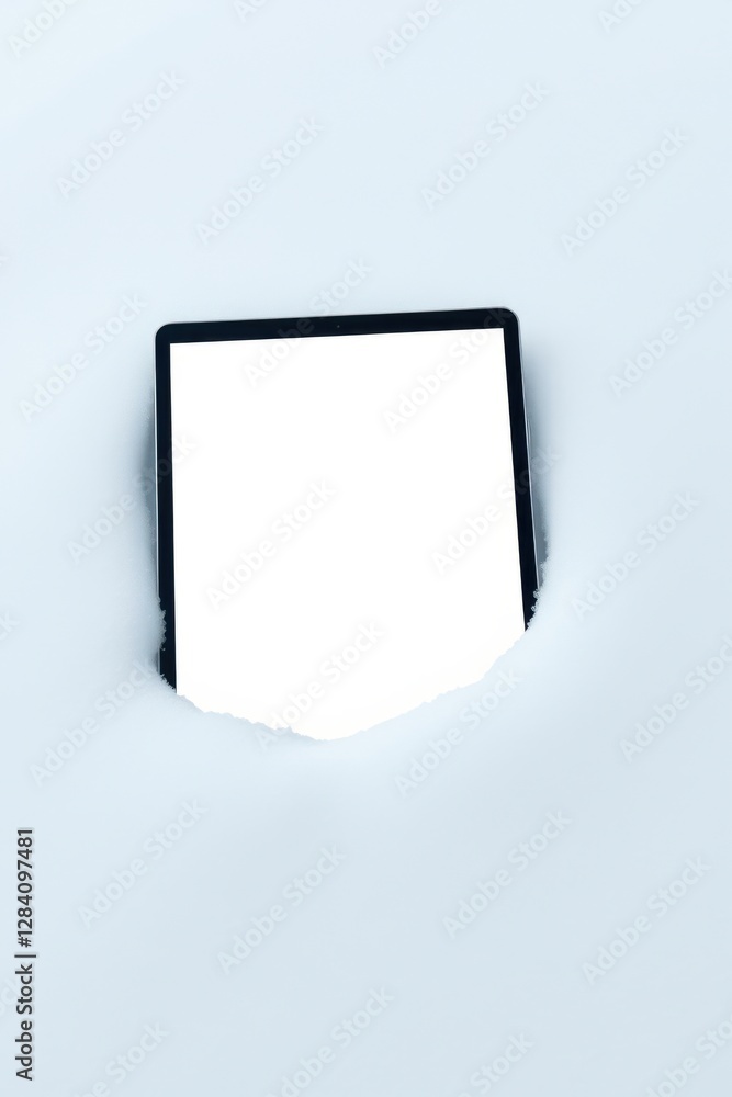 Poster tablet display emerging from ripped paper background, offering a digital window into a new space.