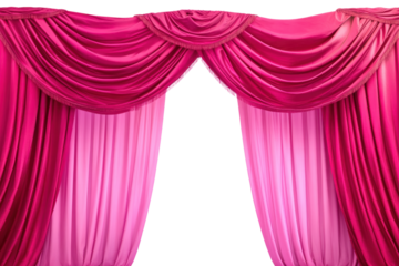 A bright and vibrant pink and red stage curtain with a sophisticated arch entrance, capturing the essence of a dramatic theater setting with rich textures and flowing fabric