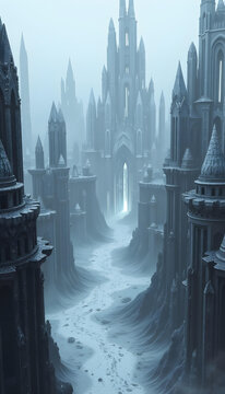 Ciudad oscura y futurista con edificios muy altos y calles llenas de nieve