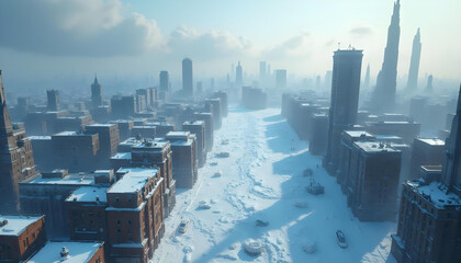 Vista a&eacute;rea de una ciudad cubierta de nieve. Gran nevada