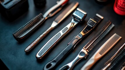 Fototapeta premium Salon tools laid out on dark table, various implements