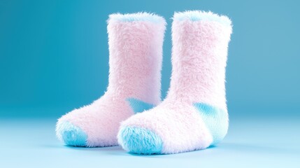 Pair of fluffy pink and light blue socks on a light blue background