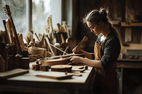 Instrumentenbauerin baut handgefertigte Gitarre &ndash; Zupfinstrumente und Handwerk in der Werkstatt