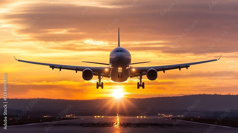 Poster airplane taking off into the sunset with dramatic lighting on the runway below : generative ai