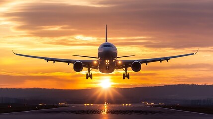 Fototapeta premium Airplane taking off into the sunset with dramatic lighting on the runway below : Generative AI