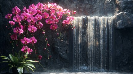 Vibrant orchid blooms by cascading waterfall enchanted garden nature photography serene landscape close-up view