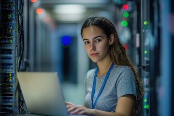 Woman working on laptop in server room (4)