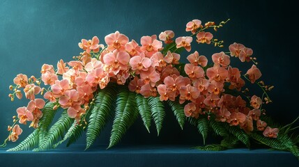 Floral arrangement displaying elegant orchids and ferns indoor studio photography calm atmosphere close-up view