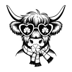 Shamrock Chic Black and White Highland Cow in Clover Sunglasses
