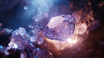 Obraz premium close up of shiny diamond crystal discovery in a cave