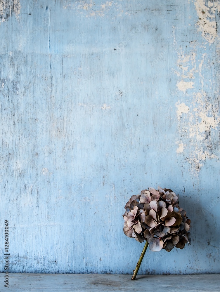 Poster delicate hydrangea flower against a textured blue backdrop creating a harmonious and artistic compos