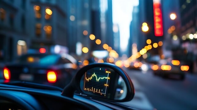Dynamic urban scene captured from a car showcasing city lights and financial growth : Generative AI