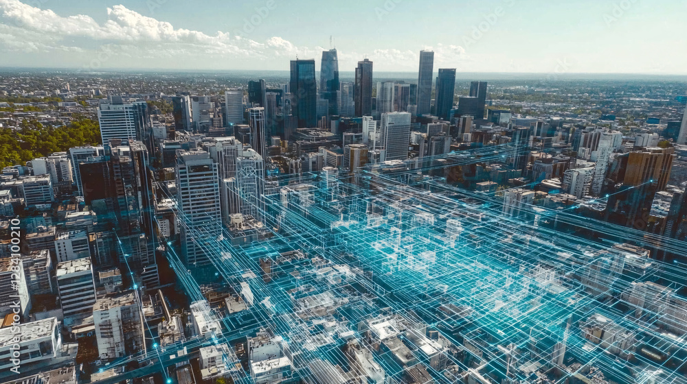 Poster a futuristic city with an ai-powered digital grid overlay symbolizing data-driven urban planning sma